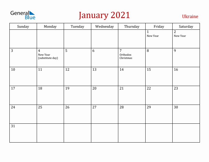 Ukraine January 2021 Calendar - Sunday Start