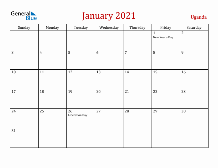 Uganda January 2021 Calendar - Sunday Start