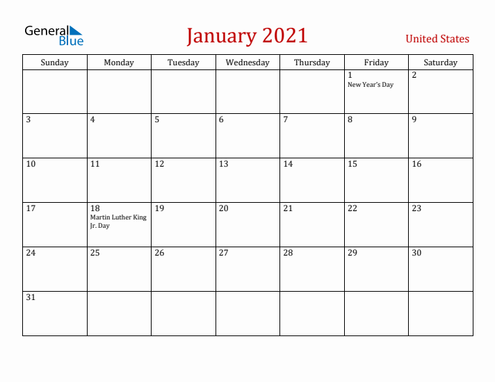 United States January 2021 Calendar - Sunday Start