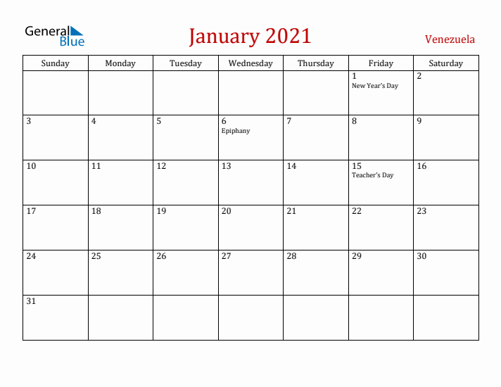 Venezuela January 2021 Calendar - Sunday Start