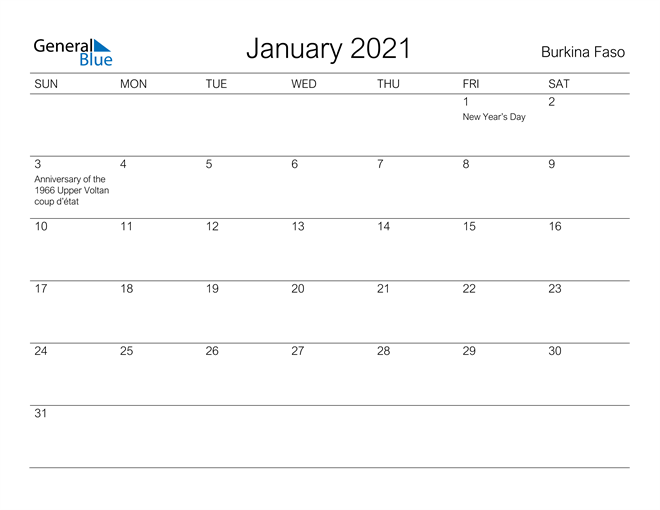 Printable January 2021 Calendar for Burkina Faso