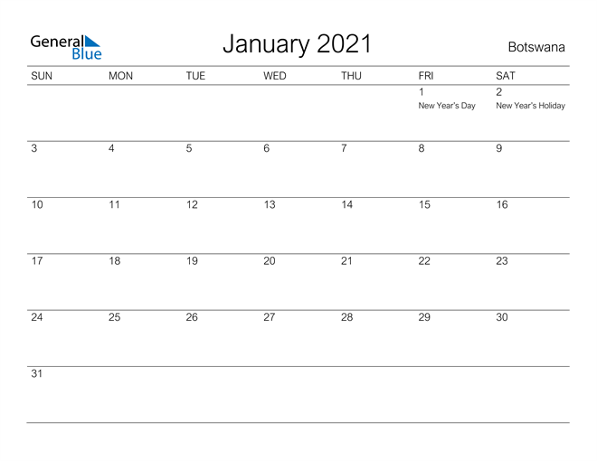 Printable January 2021 Calendar for Botswana