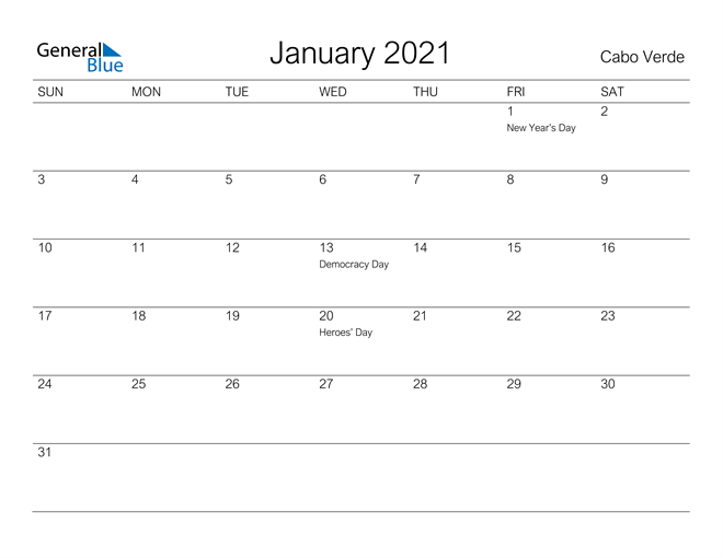 Printable January 2021 Calendar for Cabo Verde