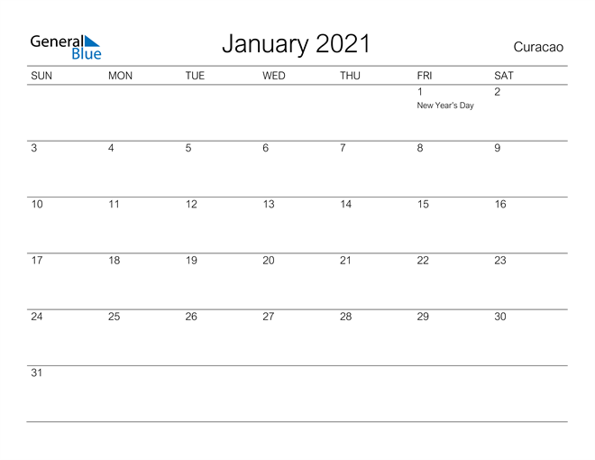 Printable January 2021 Calendar for Curacao