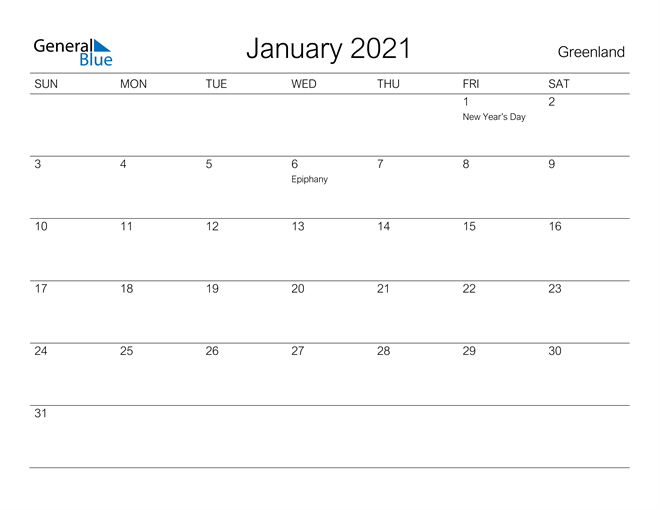 Printable January 2021 Calendar for Greenland