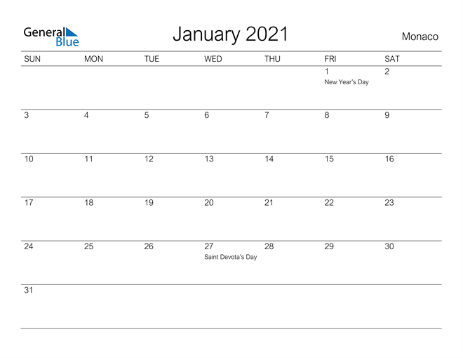 Printable January 2021 Calendar for Monaco