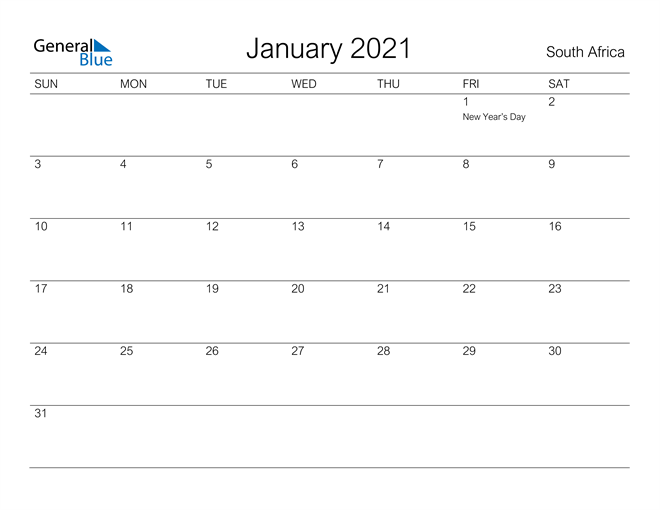 Printable January 2021 Calendar for South Africa