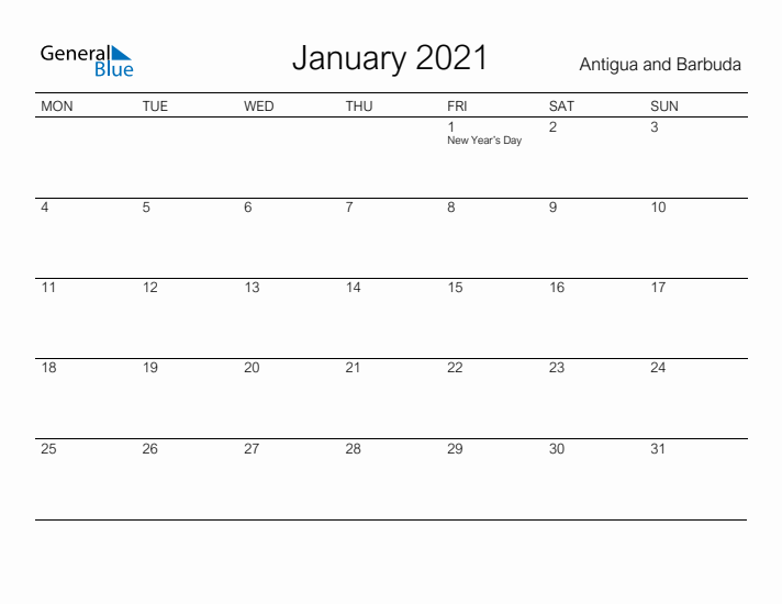 Printable January 2021 Calendar for Antigua and Barbuda