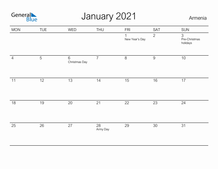 Printable January 2021 Calendar for Armenia