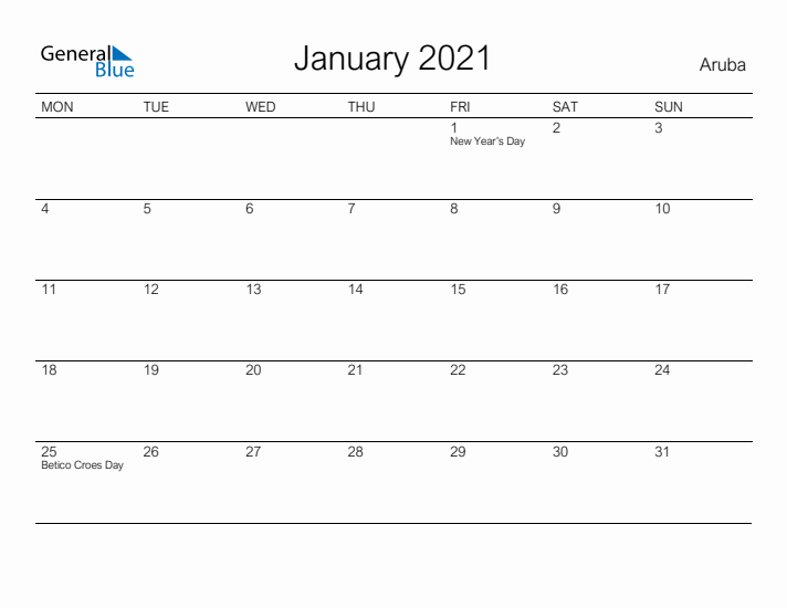 Printable January 2021 Calendar for Aruba