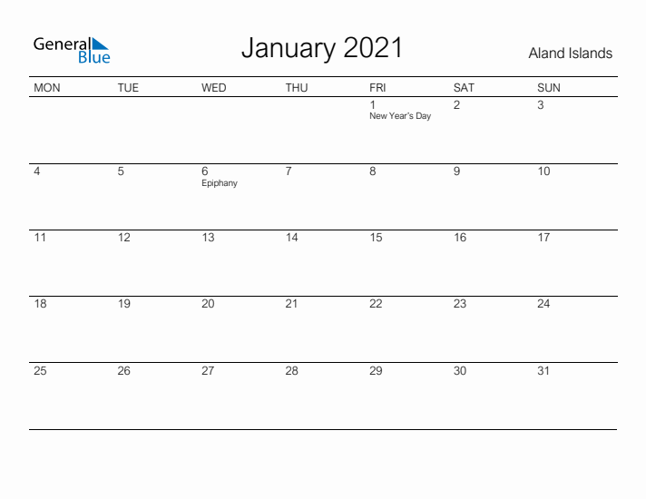 Printable January 2021 Calendar for Aland Islands