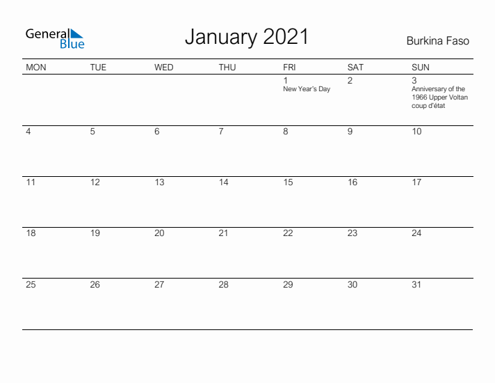 Printable January 2021 Calendar for Burkina Faso