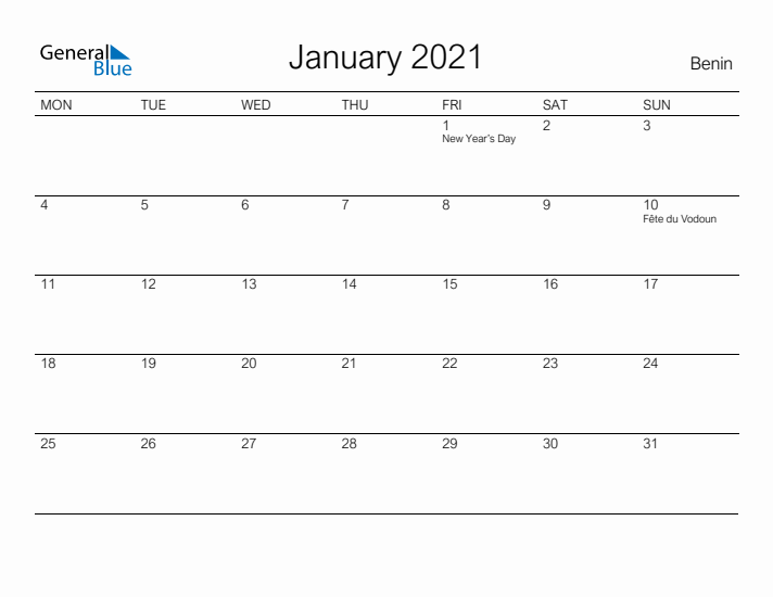 Printable January 2021 Calendar for Benin