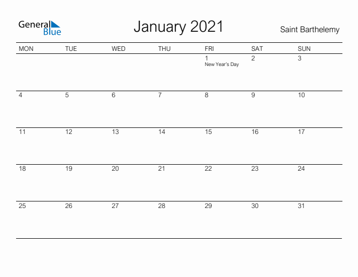Printable January 2021 Calendar for Saint Barthelemy