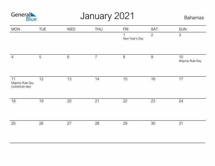 Printable January 2021 Calendar for Bahamas