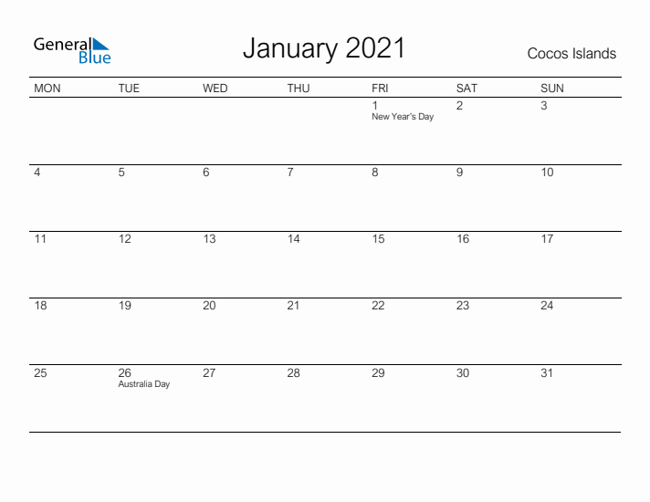 Printable January 2021 Calendar for Cocos Islands