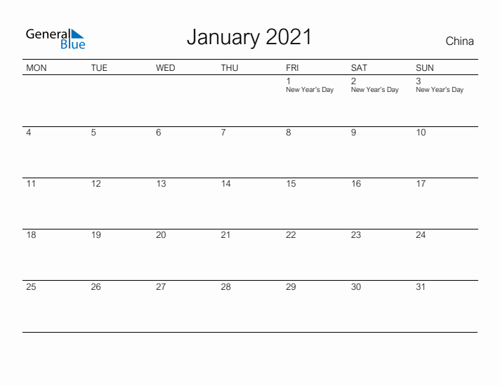 Printable January 2021 Calendar for China