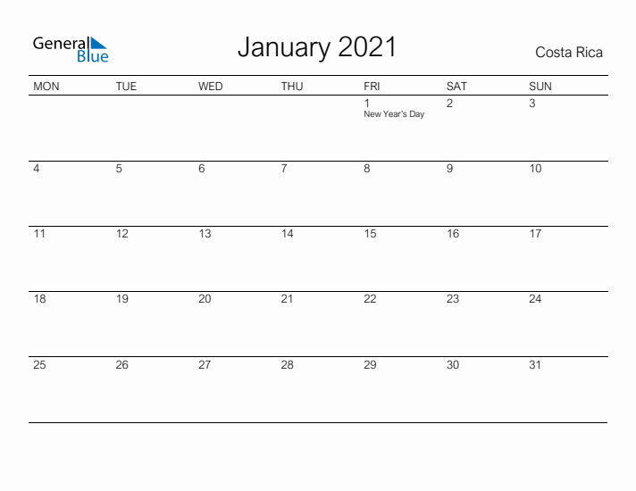 Printable January 2021 Calendar for Costa Rica