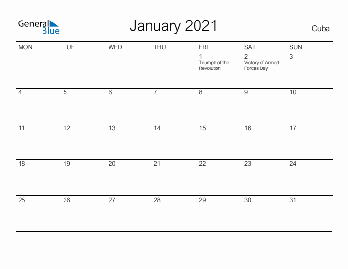 Printable January 2021 Calendar for Cuba