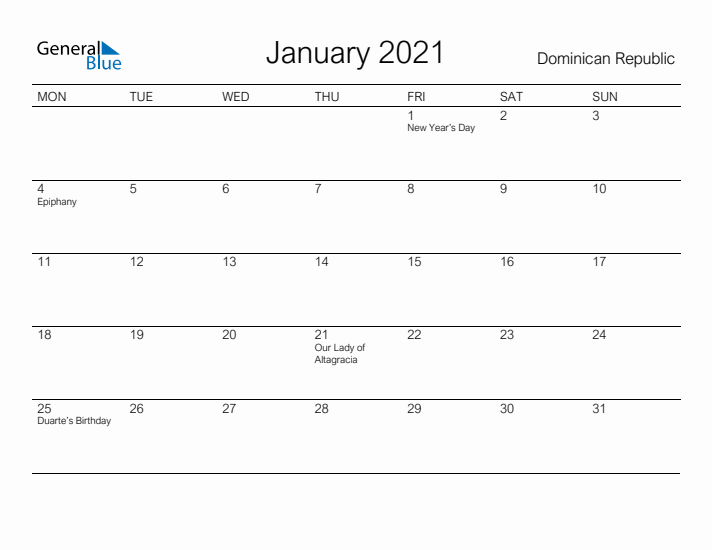 Printable January 2021 Calendar for Dominican Republic