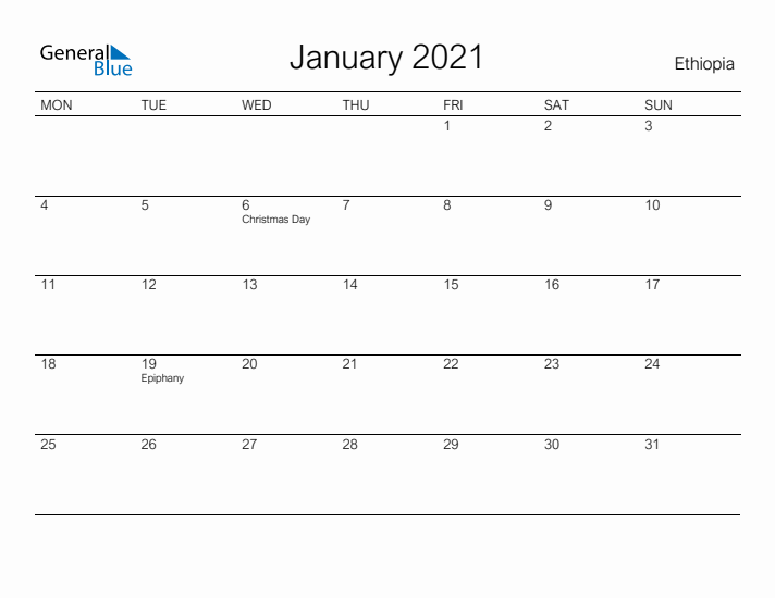 Printable January 2021 Calendar for Ethiopia