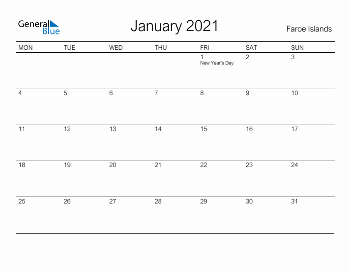 Printable January 2021 Calendar for Faroe Islands