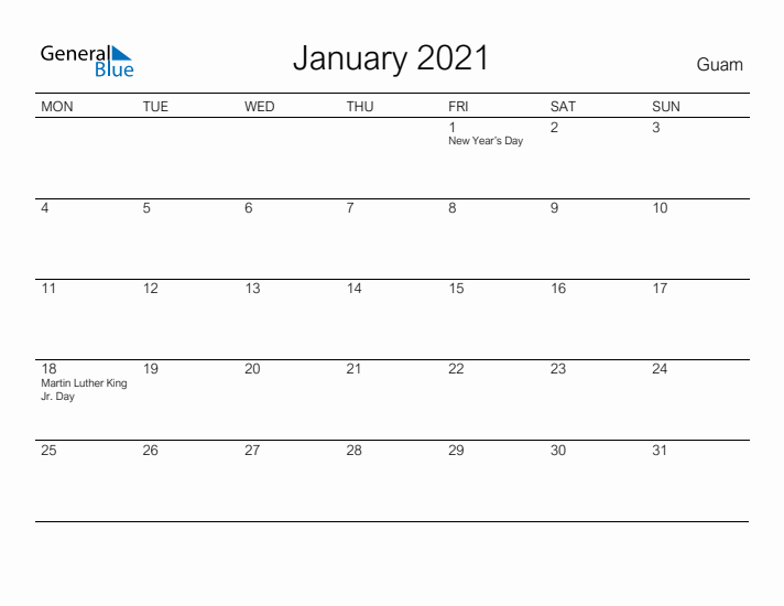Printable January 2021 Calendar for Guam