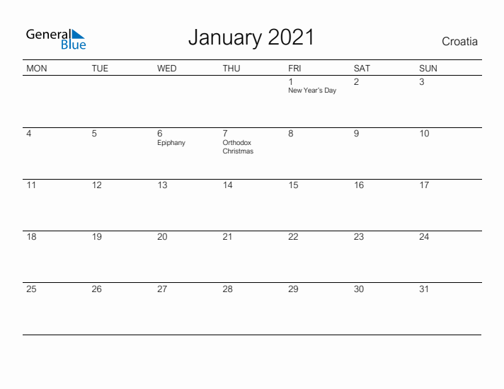 Printable January 2021 Calendar for Croatia