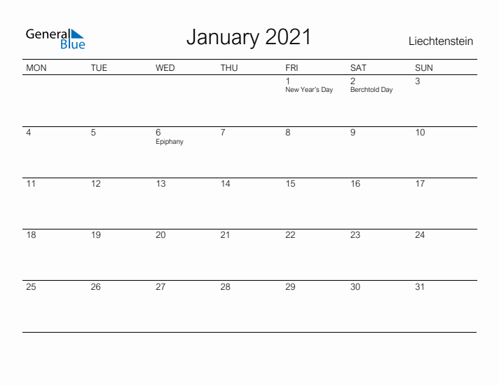 Printable January 2021 Calendar for Liechtenstein
