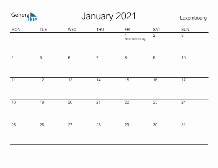 Printable January 2021 Calendar for Luxembourg