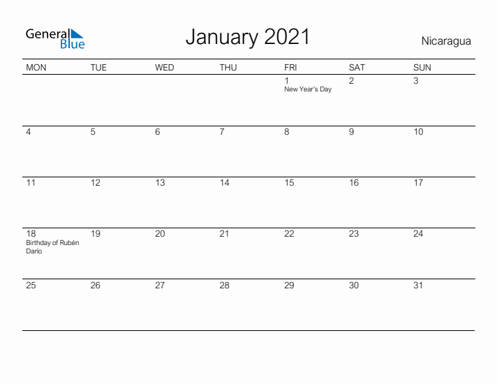 Printable January 2021 Calendar for Nicaragua