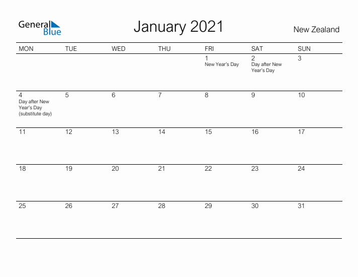 Printable January 2021 Calendar for New Zealand