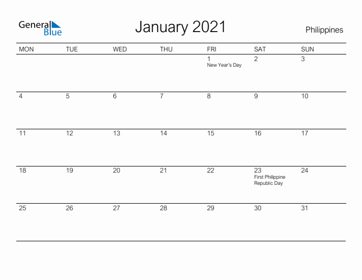 Printable January 2021 Calendar for Philippines