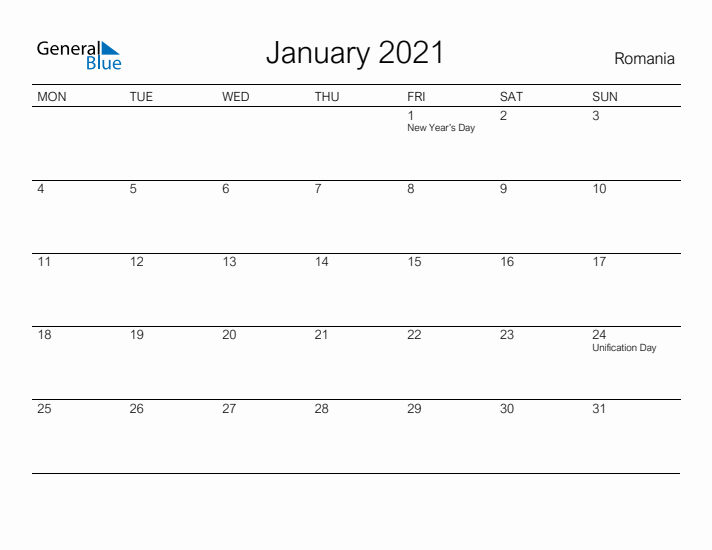 Printable January 2021 Calendar for Romania