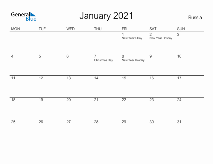 Printable January 2021 Calendar for Russia