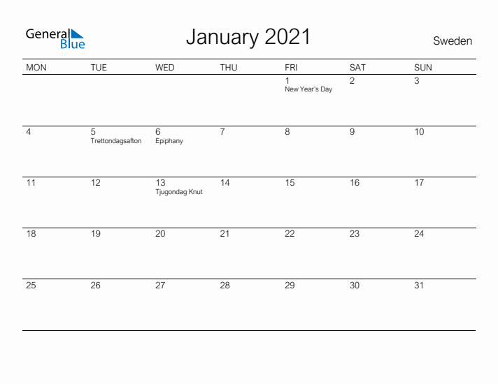 Printable January 2021 Calendar for Sweden