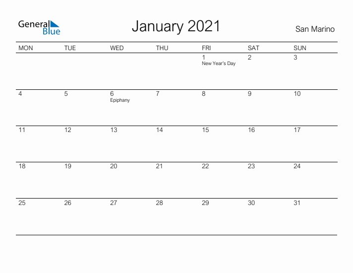 Printable January 2021 Calendar for San Marino
