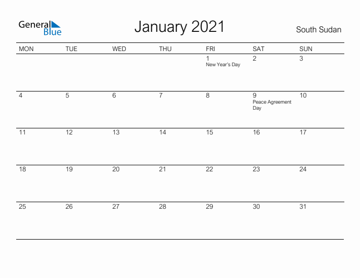 Printable January 2021 Calendar for South Sudan