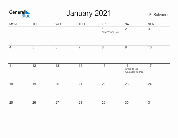 Printable January 2021 Calendar for El Salvador