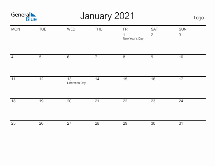 Printable January 2021 Calendar for Togo