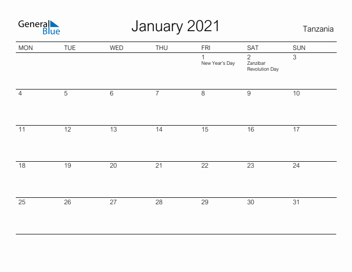 Printable January 2021 Calendar for Tanzania