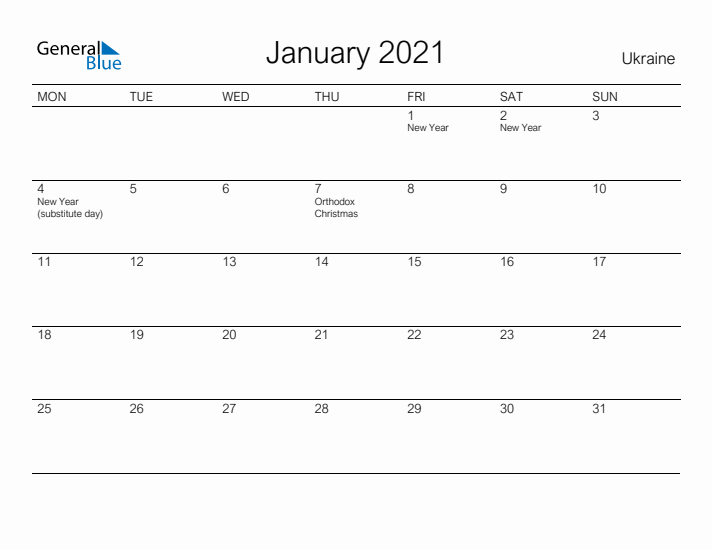 Printable January 2021 Calendar for Ukraine