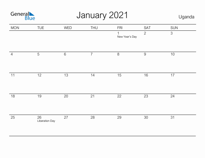 Printable January 2021 Calendar for Uganda