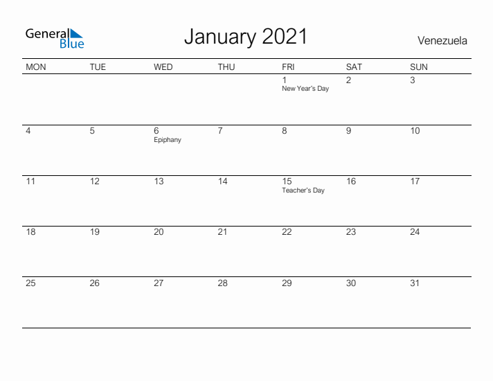 Printable January 2021 Calendar for Venezuela