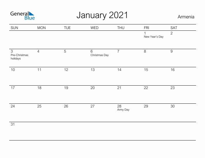 Printable January 2021 Calendar for Armenia