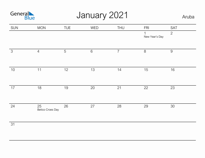 Printable January 2021 Calendar for Aruba