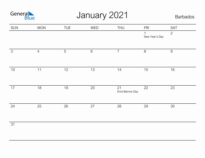 Printable January 2021 Calendar for Barbados