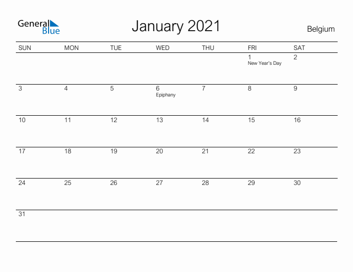 Printable January 2021 Calendar for Belgium