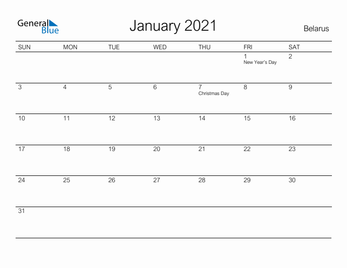Printable January 2021 Calendar for Belarus