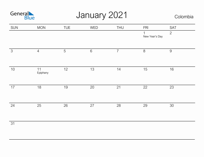 Printable January 2021 Calendar for Colombia